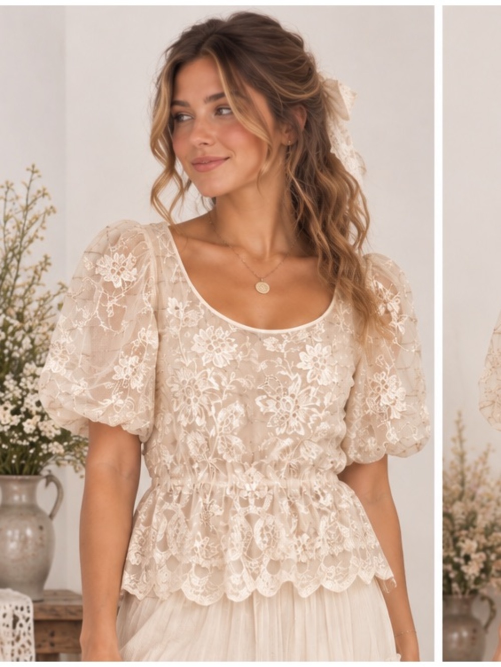 Lace Puff-Sleeve Cottagecore Prairie Romantic Feminine Peplum Top - Cream M/L